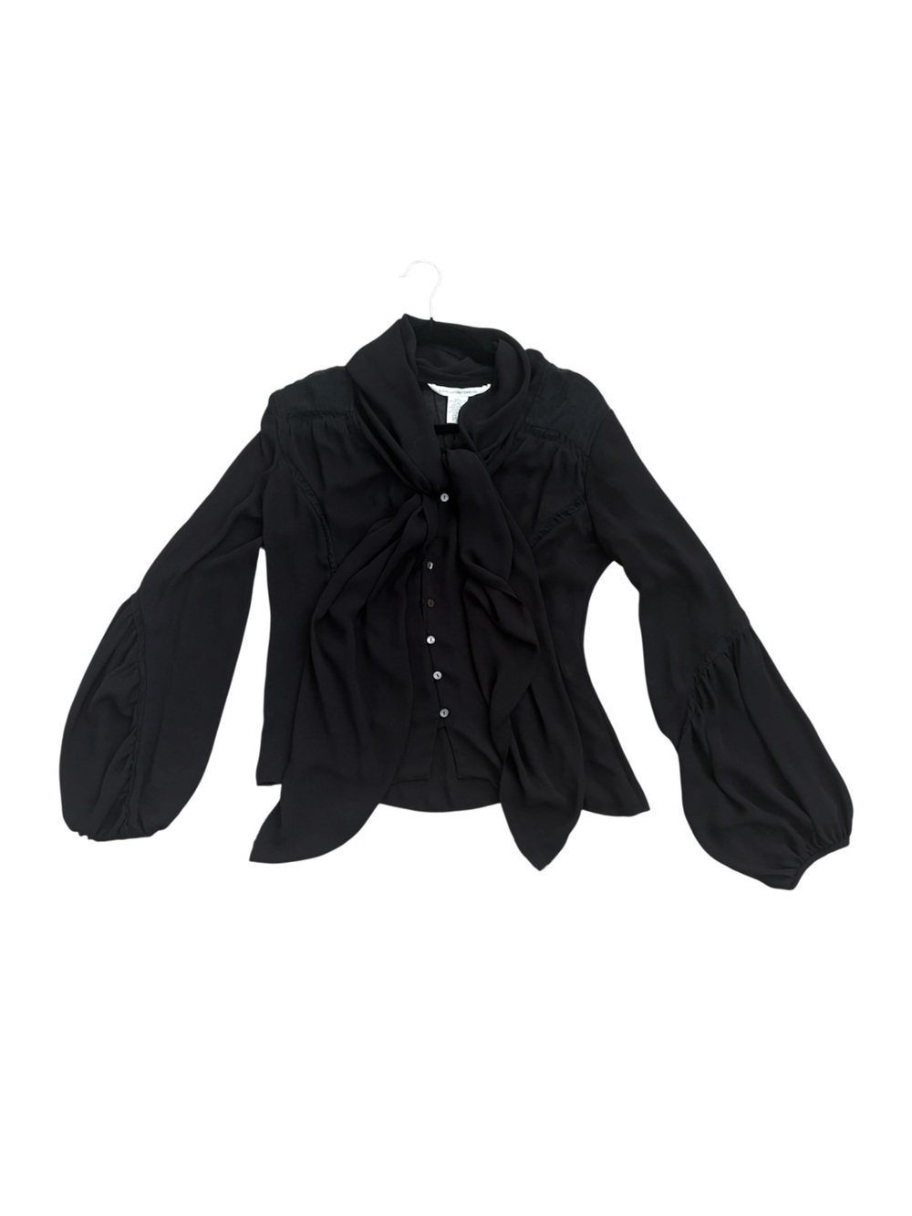 Diane Von Furstenberg Black Tie-Neck Blouson Sleeve Silk Blouse